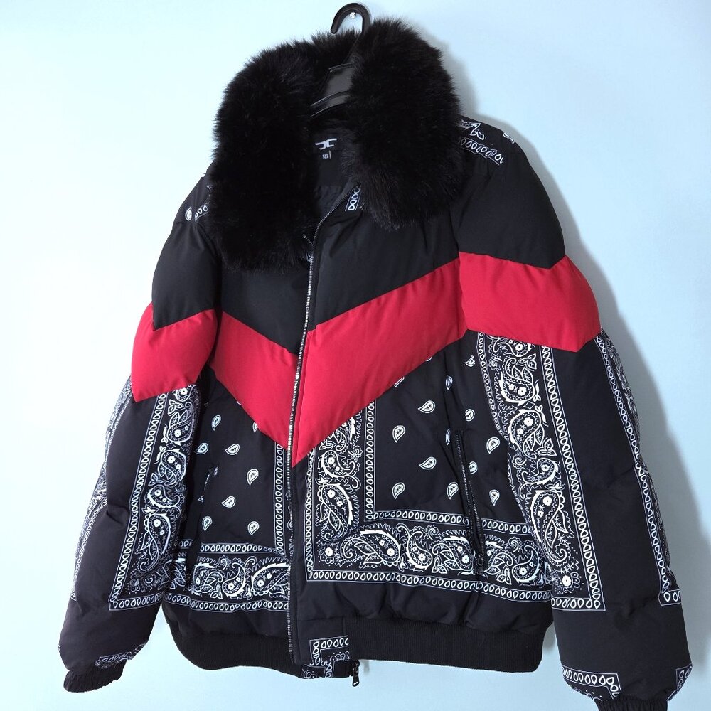 Jordan Craig Bandana Print Detachable Faux Fur Collar Puffer Coat Mens 5XL